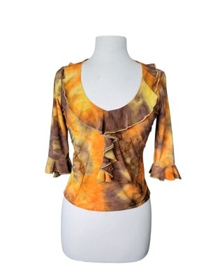 Y2K Fairycore Ruffled Scoop Neck Top Orange Brown Tie-Dye Large